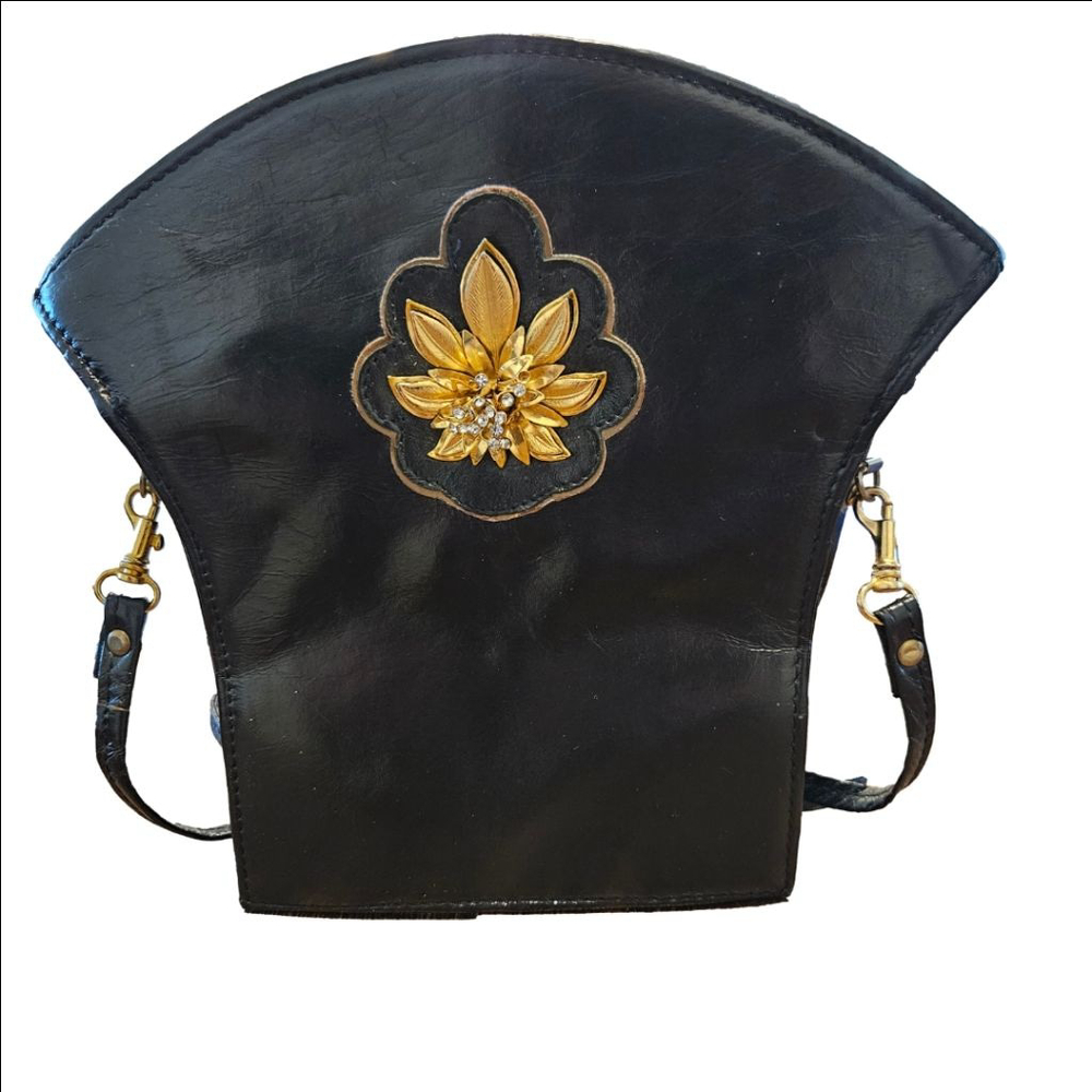 Women's Unbranded Vintage Black Crossbody Bag with Gold Flower, Made in Italy